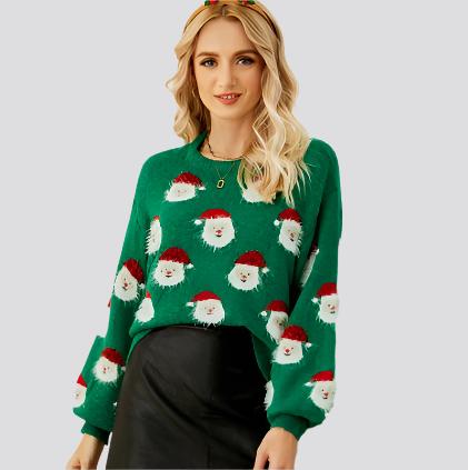 Christmas Sweater Women Cute Cartoon Santa Print Knit Sweater Winter Tops