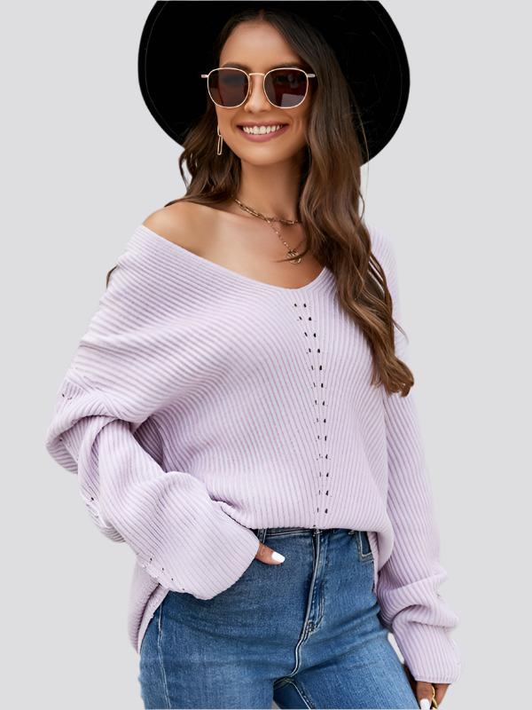 Long Sleeve Sweater With Pocket Solid Color V-neck Pullover Knitwear Women Tops