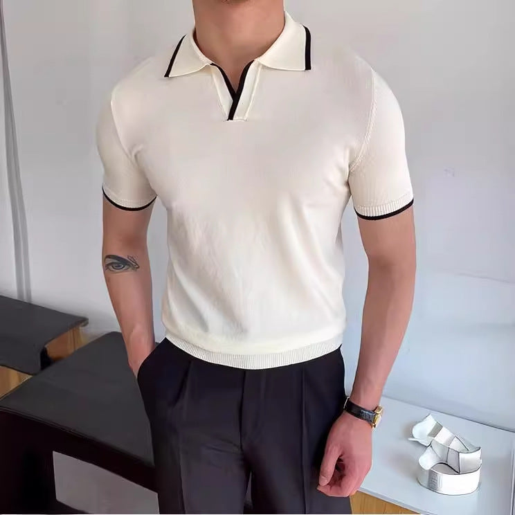 Men's Elbow-sleeved Top Fashion Polo Collar Casual T-shirt