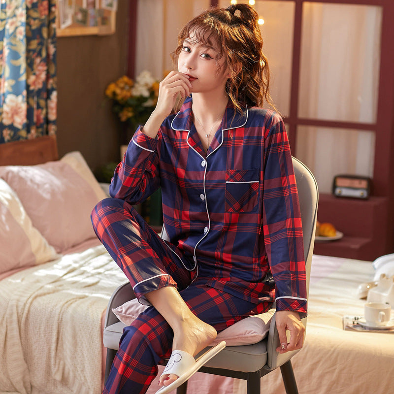 Plaid Pajama Set Long Sleeve Shirt And Full-Length Pant Pjs Lounge Sets