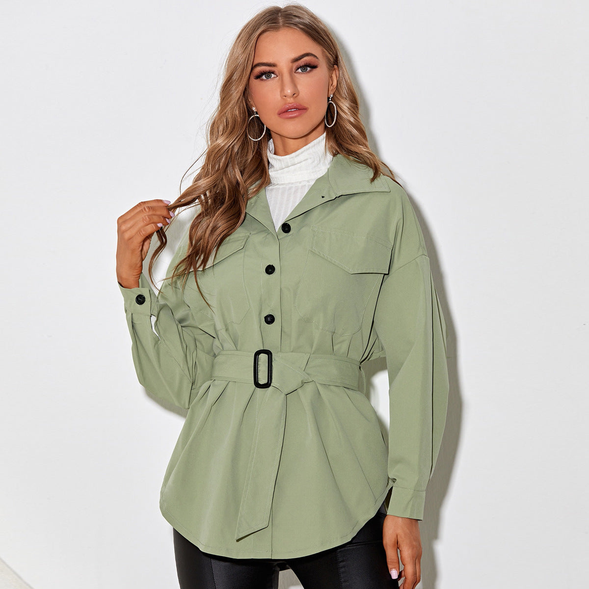 Casual With Belt Fashion Macaron Solid Color Shirt Jacket Women