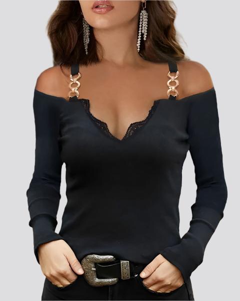 V-neck Solid Color Lace Sling Strapless Long Sleeve Women