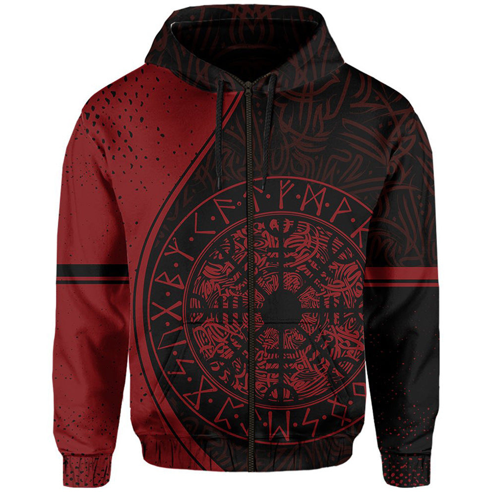 Viking Warrior Tattoo Series Printed Zip Hoodie Sweatshirt