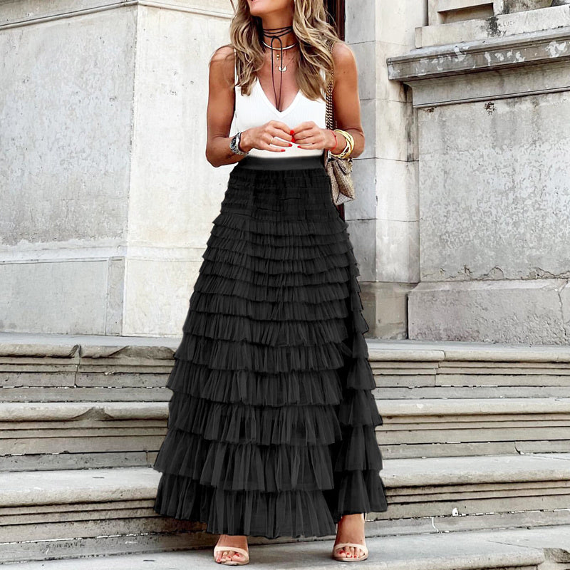 Layered Ruffles Cake Skirt Summer Fashion A Line Swing Mesh Long Skirt Party Dress Women