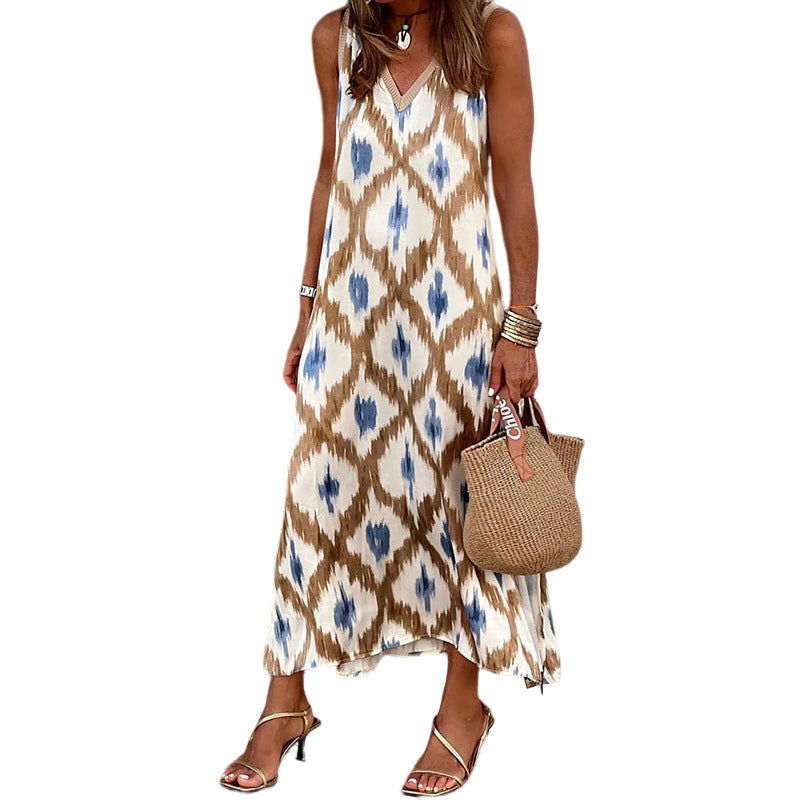 Women's Fashion Temperament Printed Cardigan V-neck Sleeveless Midi Dress