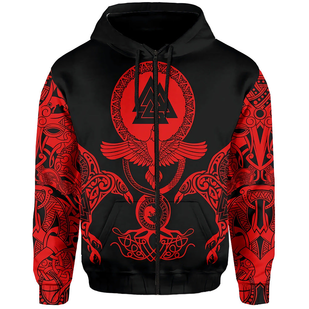 Viking Warrior Tattoo Series Printed Zip Hoodie Sweatshirt