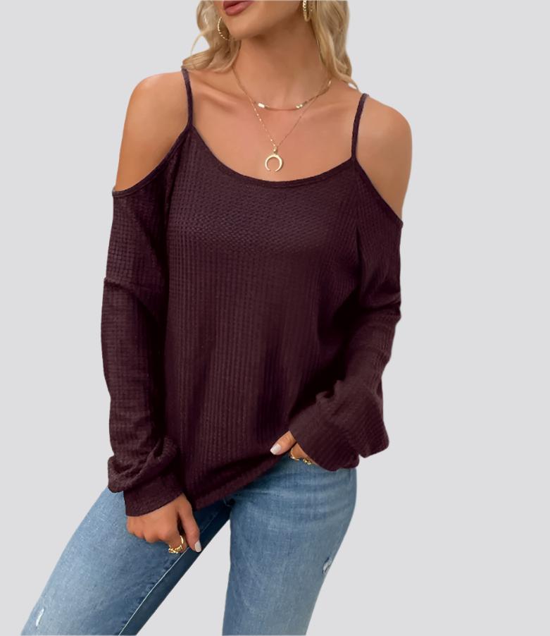 Long-Sleeved Waffle Shoulder Strap Top