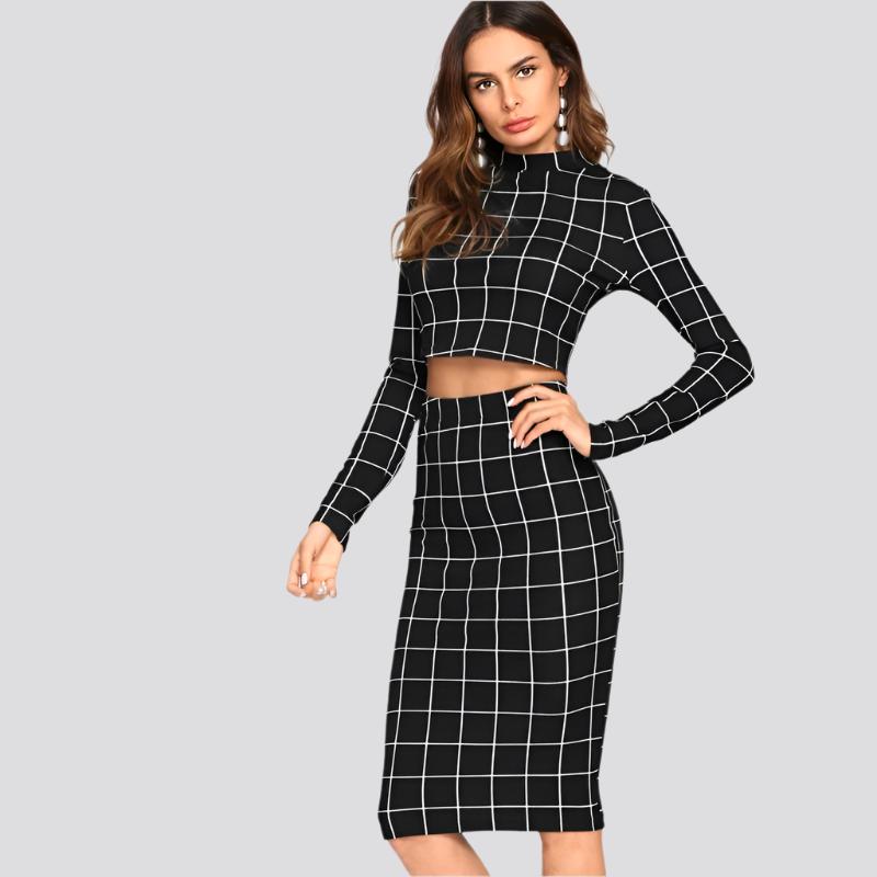 Stand Collar Long Sleeve 2 Piece Set Women Crop Grid Top & Pencil Skirt Co-Ord Ladies Elegant OL Style Twopiece