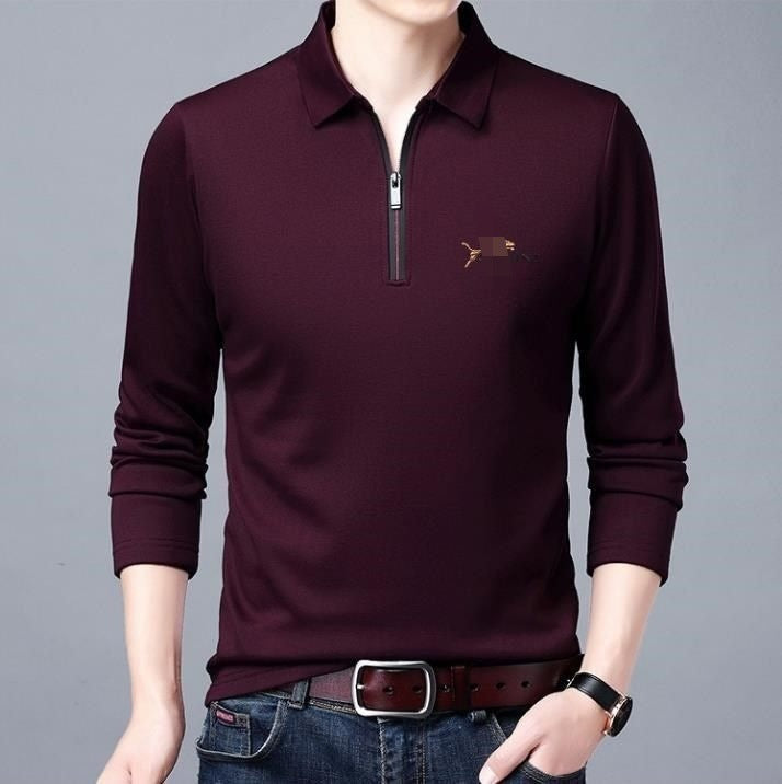 Spring And Autumn Men Long Sleeve Lapel Half Zip T Shirt