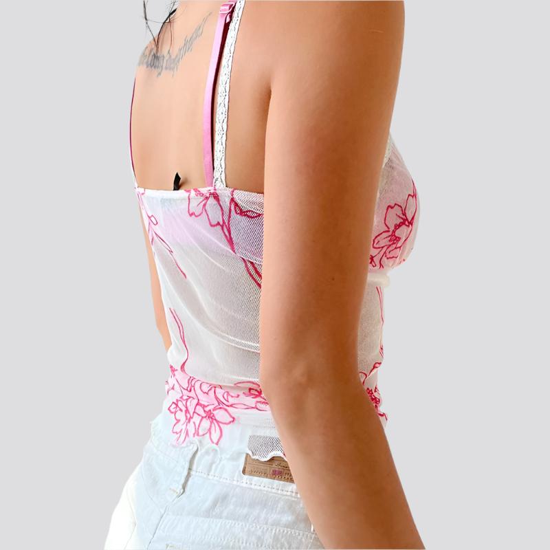 Women's Mesh Plant Print Low-cut Halter Lace Lace Splicing Pure Desire See-through Bottoming Tank Top