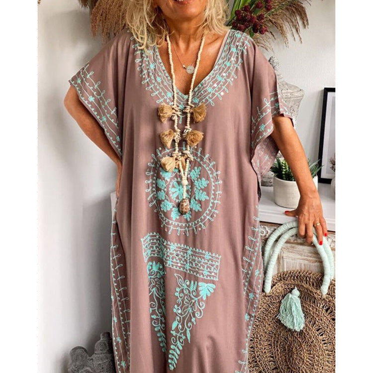 Loose V Neck Boho Print Dress Maxi Dress