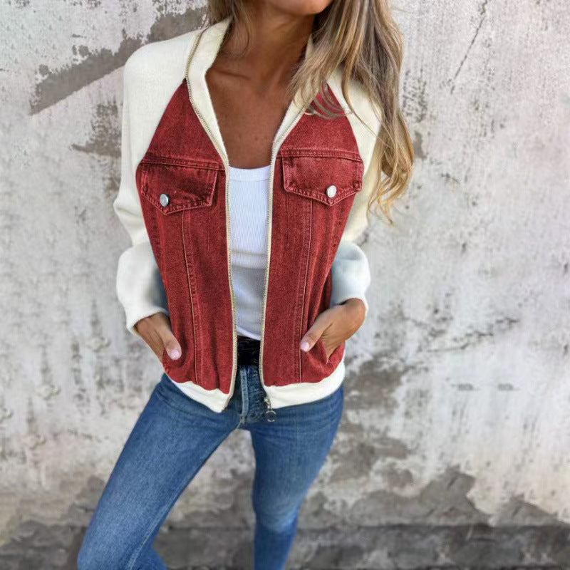 Fashion Denim Patchwork Jacket Casual Hooded Zipper Jacket Women's Clothing