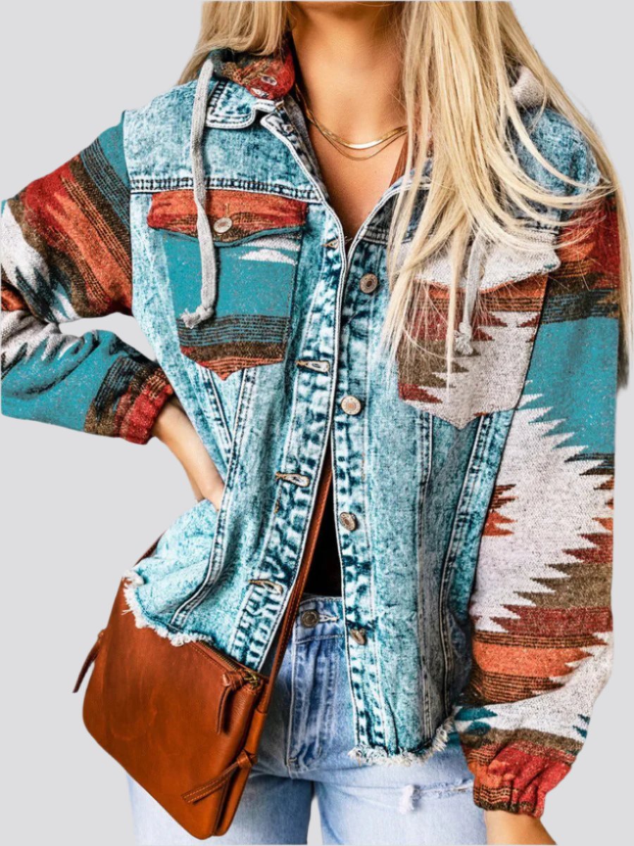 Western Style Denim Stitching Hooded Jacket Multi-color Printed Frayed Hem Jacket