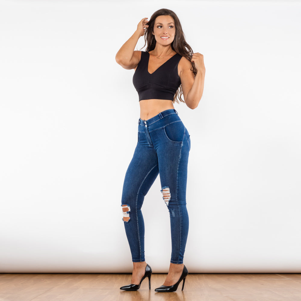 Shascullfites Melody Blue Washed Ripped Lifting Jeggings Push Up Butt Booty Female Middle Waist Jeans Women's Pants