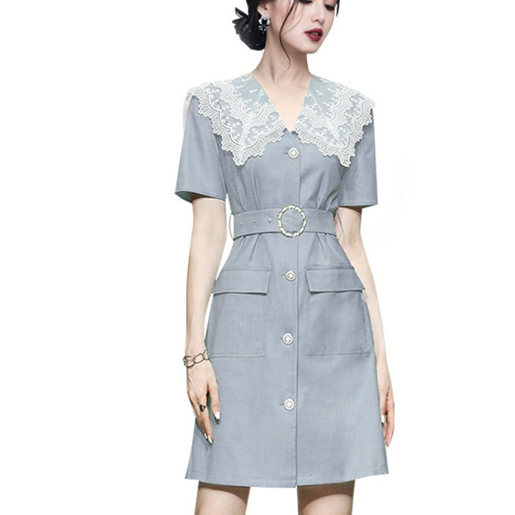 Summer Dress For Women Lace Collar Short Sleeve High Waist Mini Dresses Female Fashion Clothes