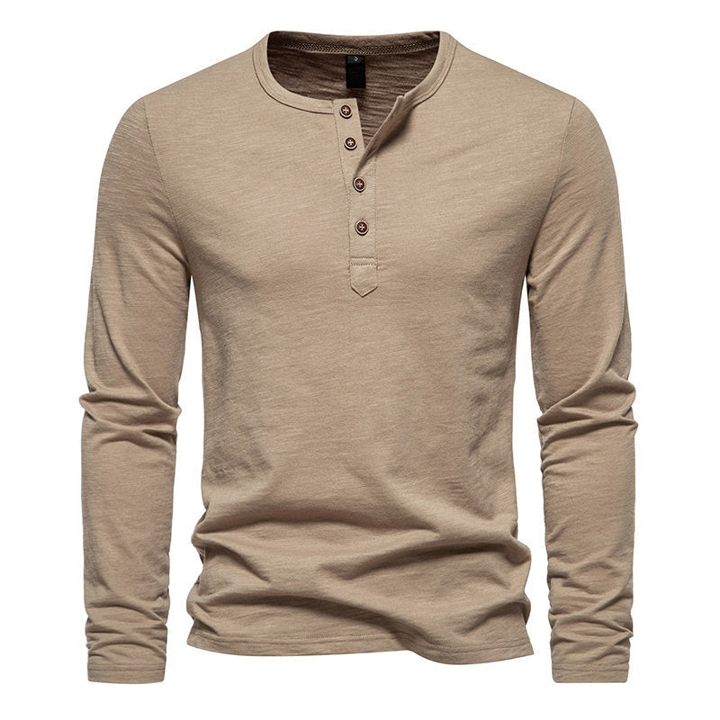 Winter New Long Sleeve T-shirt Men's Bamboo Cotton Solid Color Four Button Henry Collar Long Sleeve T-shirt Men