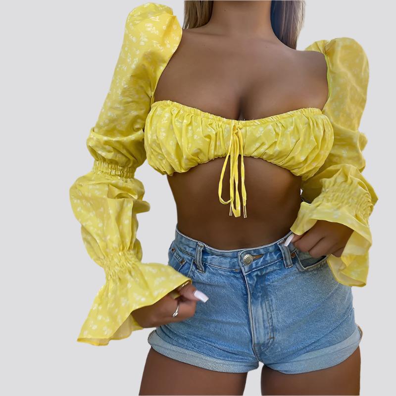 Printed Flared Sleeve Tie Crinkled Crop Top