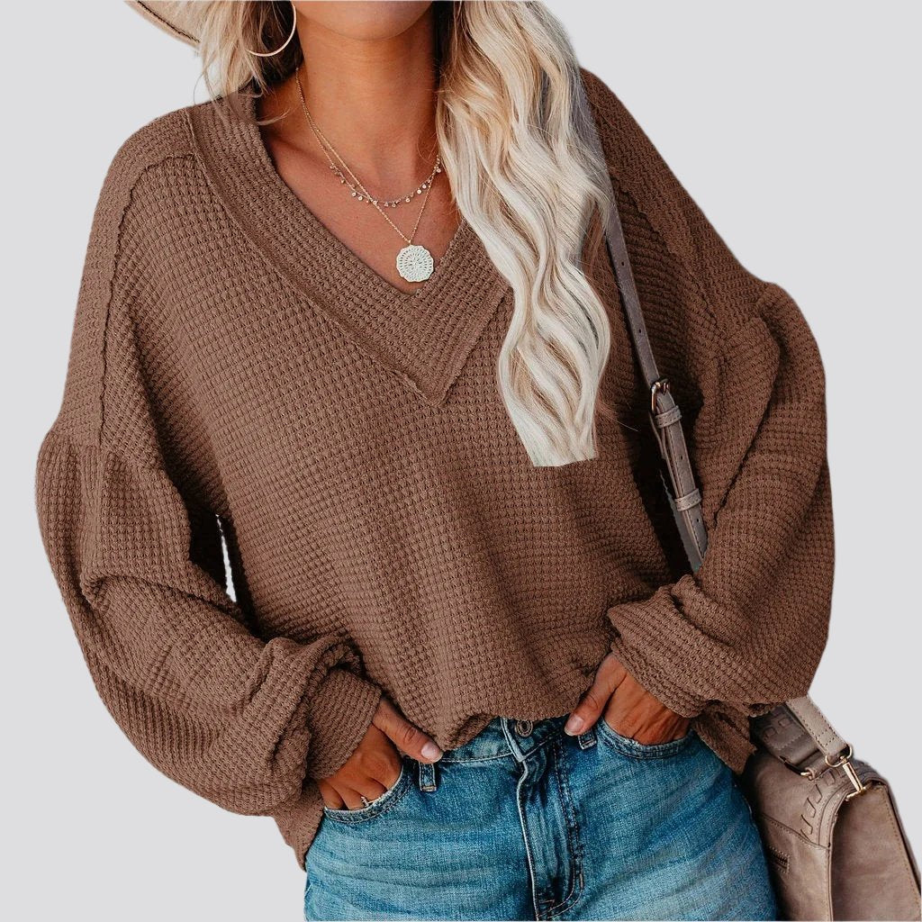 Fashion loose V-neck T-shirt Lantern Sleeve Top