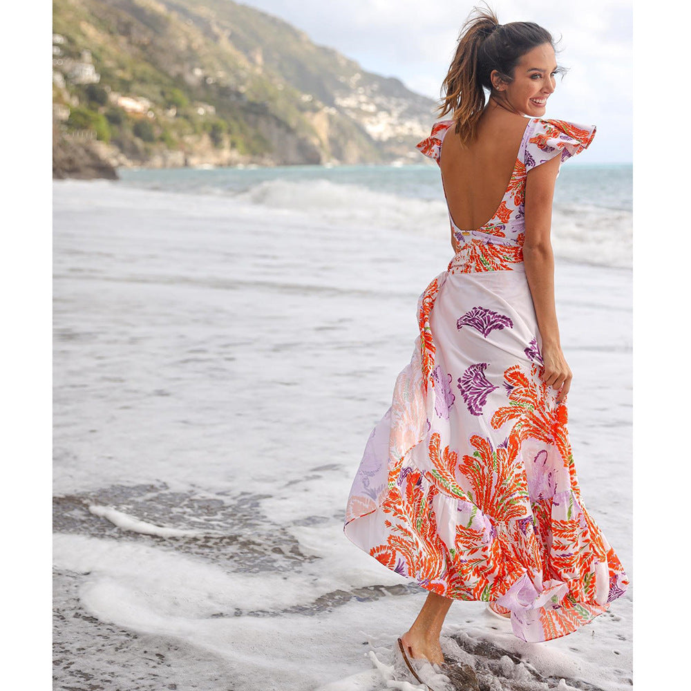 Printed Ruffle One Piece Swimming Costume Women Chiffon Maxi Dress