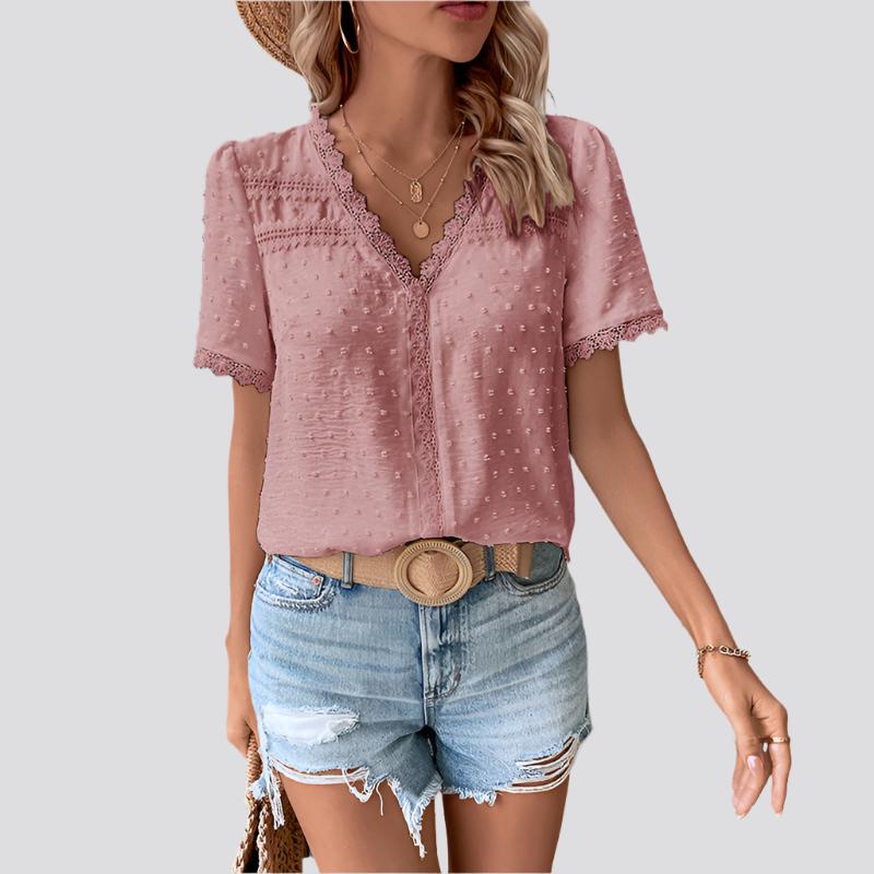 V-neck Solid Color Women's Lace Shirt