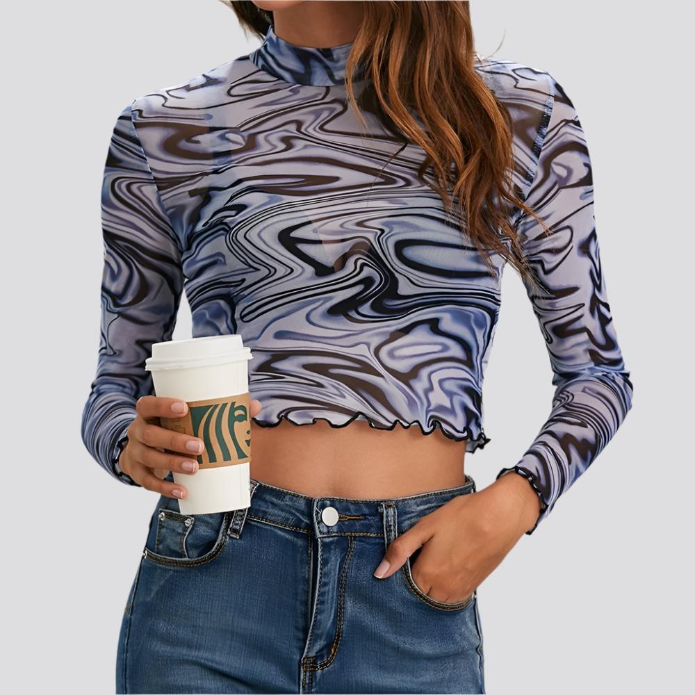 Mesh Short Crop Long Sleeve T-shirt Printed Hollowed Out Top