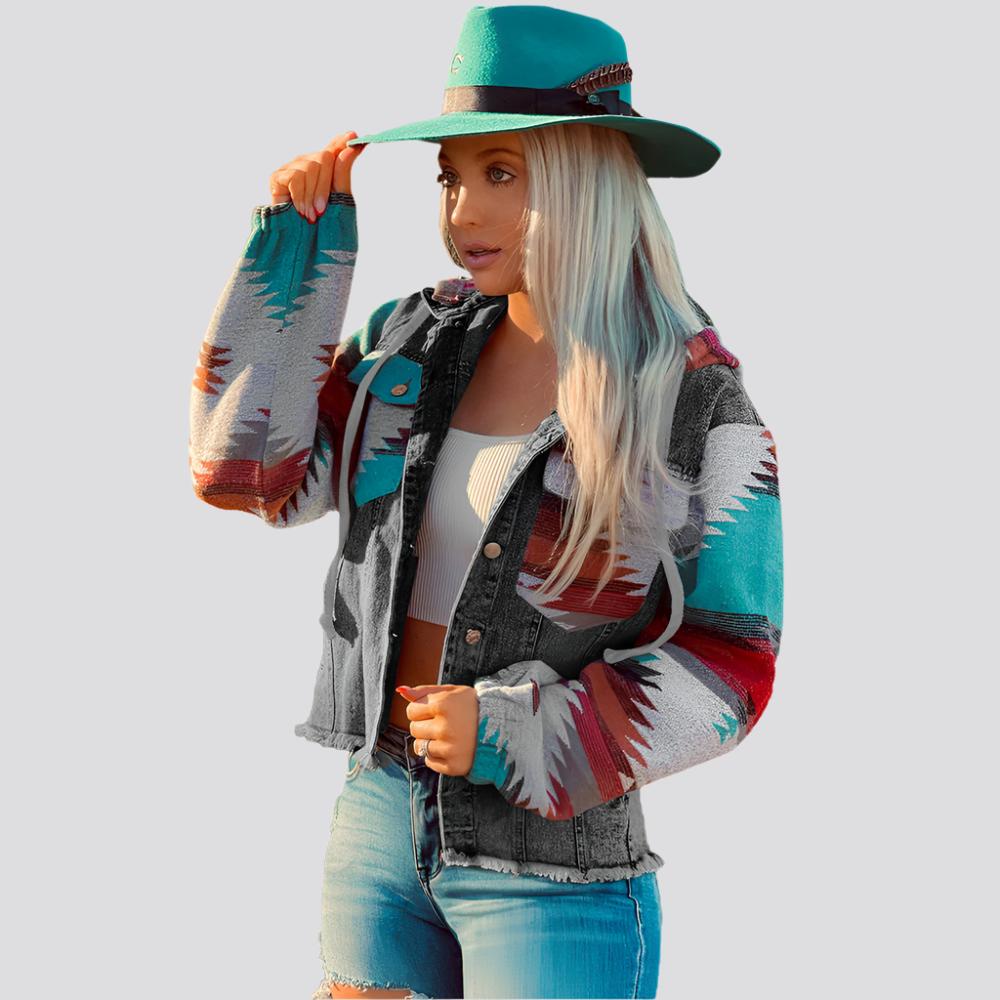 Western Style Denim Stitching Hooded Jacket Multi-color Printed Frayed Hem Jacket