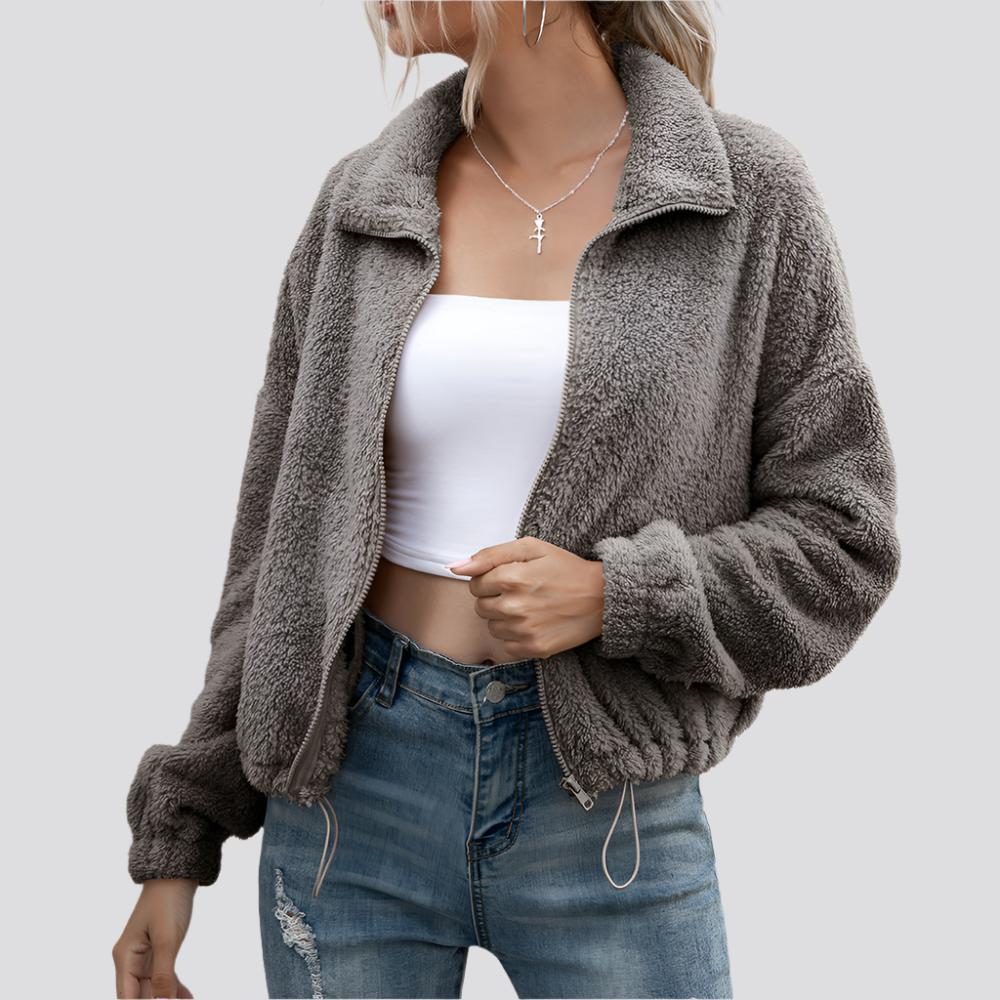 Double-sided Plush Lapel Crop Top Women's Drawstring