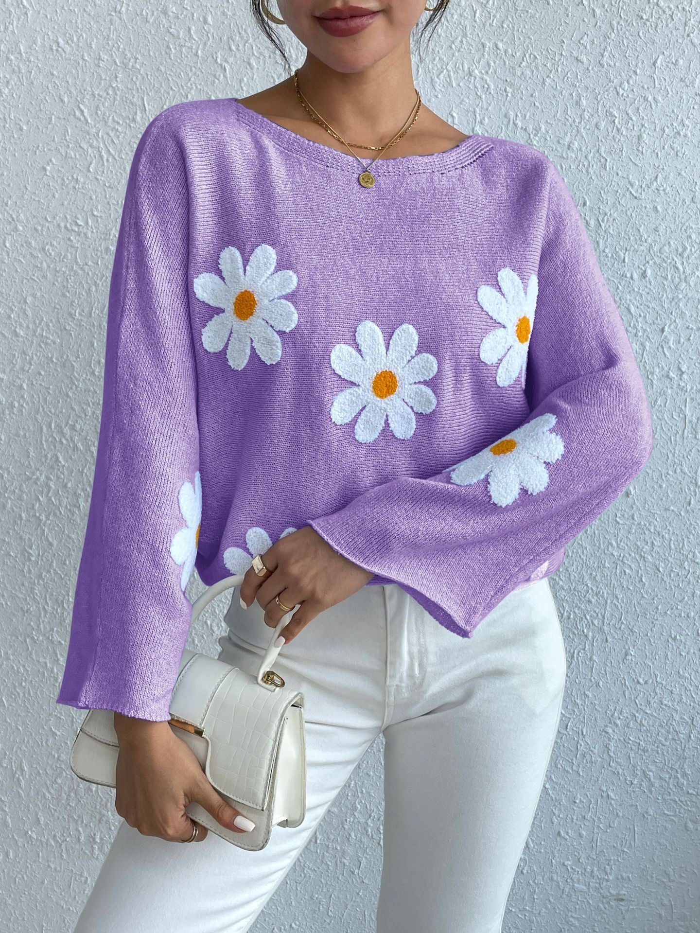 New Loose Bat Sleeve Sweater For Women Tops Embroidered Flower College One-shoulder Sweater