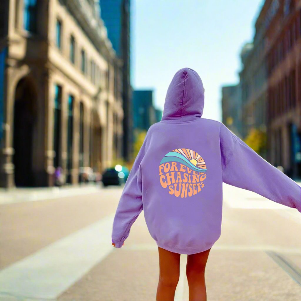 Fleece-lined Sunset Print Kangaroo Pocket Drawstring Hoodie