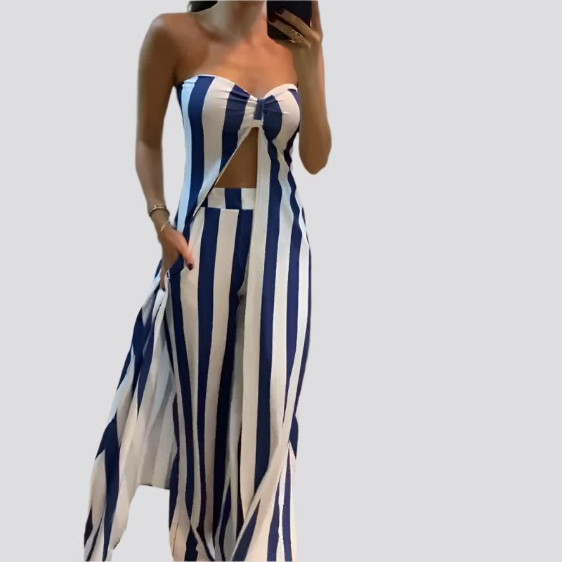 Fashion Striped Sexy Crop Top Skort Suit