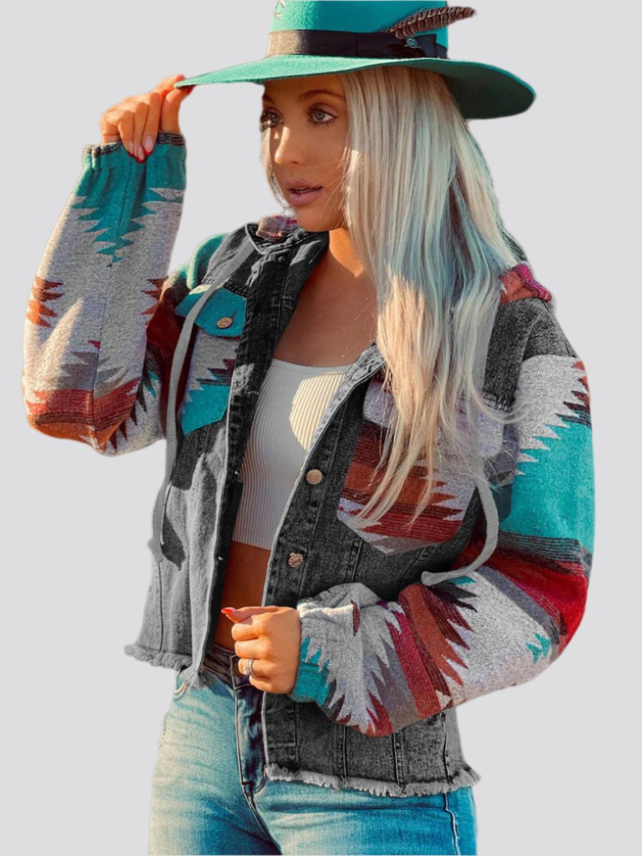 Western Style Denim Stitching Hooded Jacket Multi-color Printed Frayed Hem Jacket