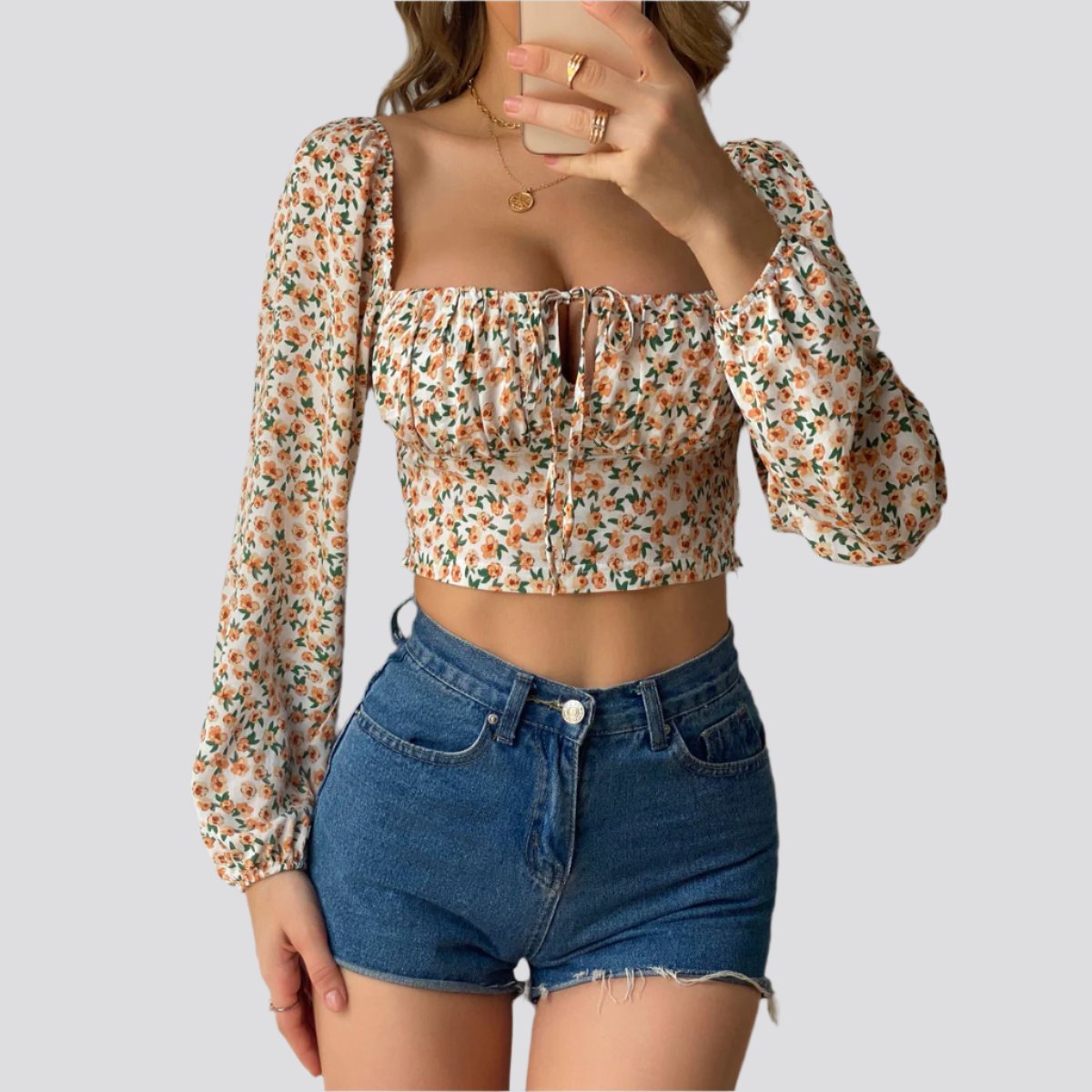 Women Small Floral Shirt Women Retro Square Collar Blouse One Word Collar Shirt Women