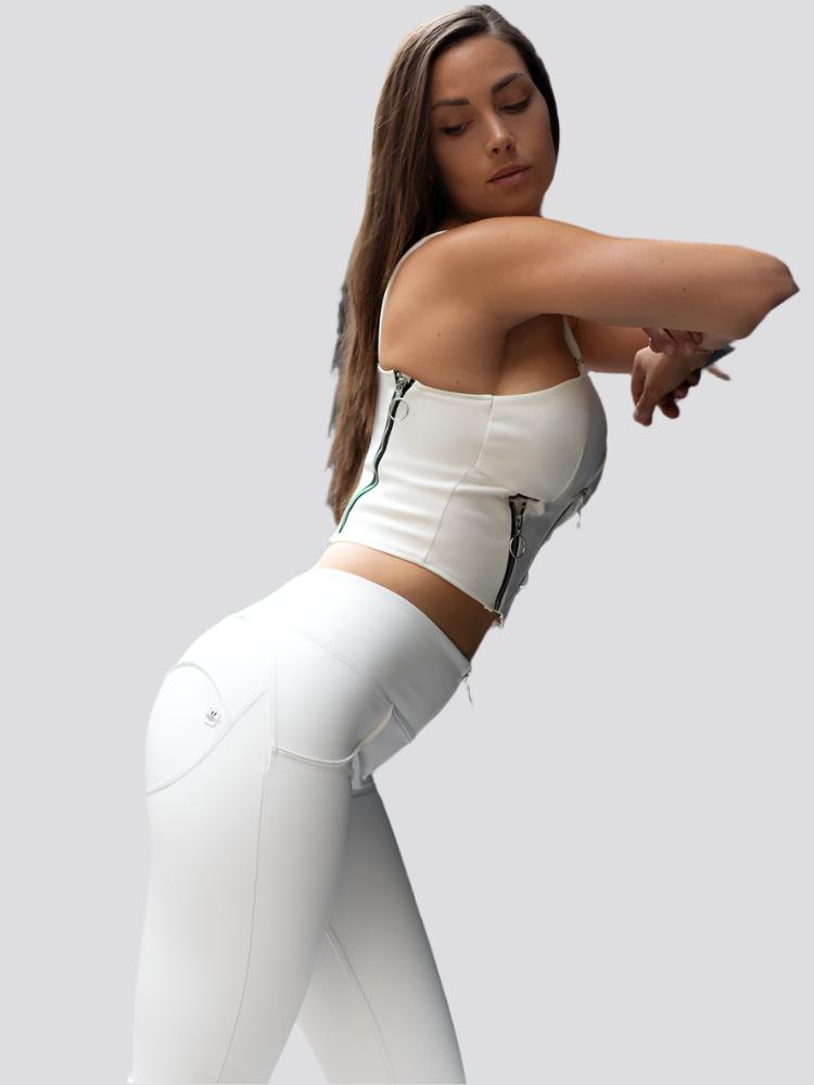 Shascullfites Melody 2 Pieces Set White High Waist Leather Leggings With Ring Zipper Crop Top Set Sexy Outfit Women Clubbing