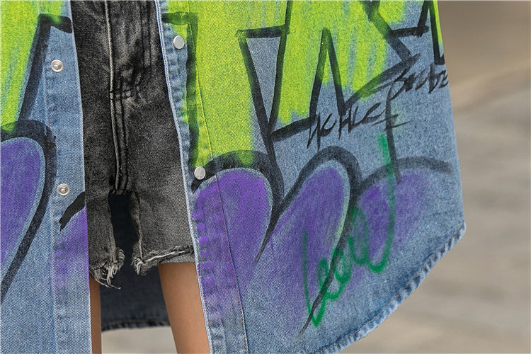 Graffiti Print Denim Jacket Women Loose Fried Street