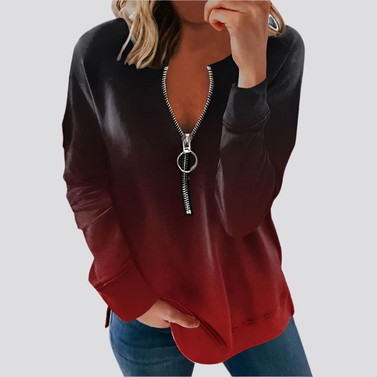 V-neck Long-sleeved Faded Flame Loose Zipper T-shirt