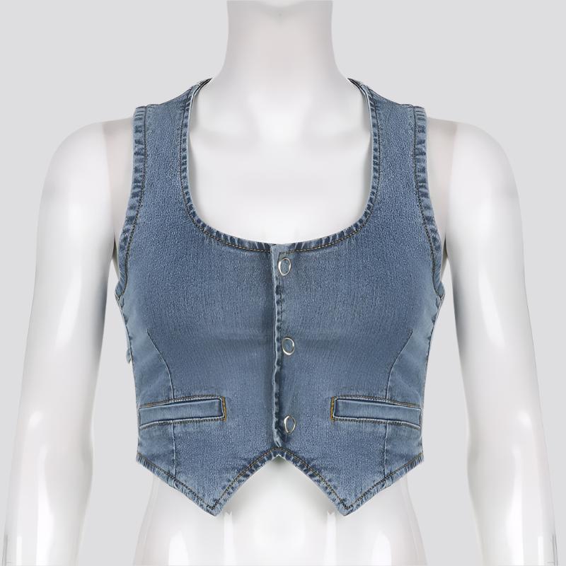 Streetwear Blue Denim Vest Jacket Buttons Up Tank Top Women Fashion