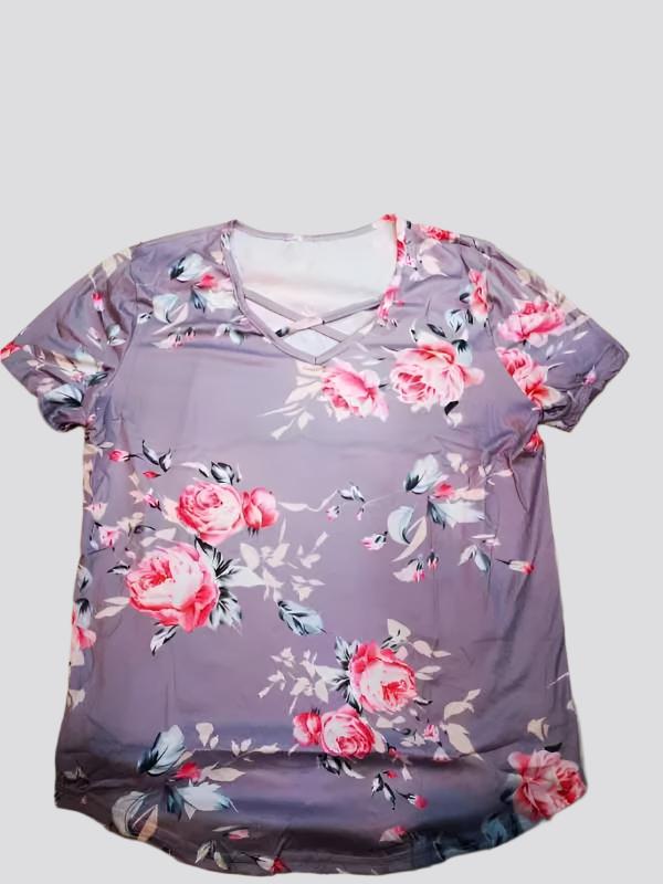 Flower Print Cross Front Short Back Long T-shirt