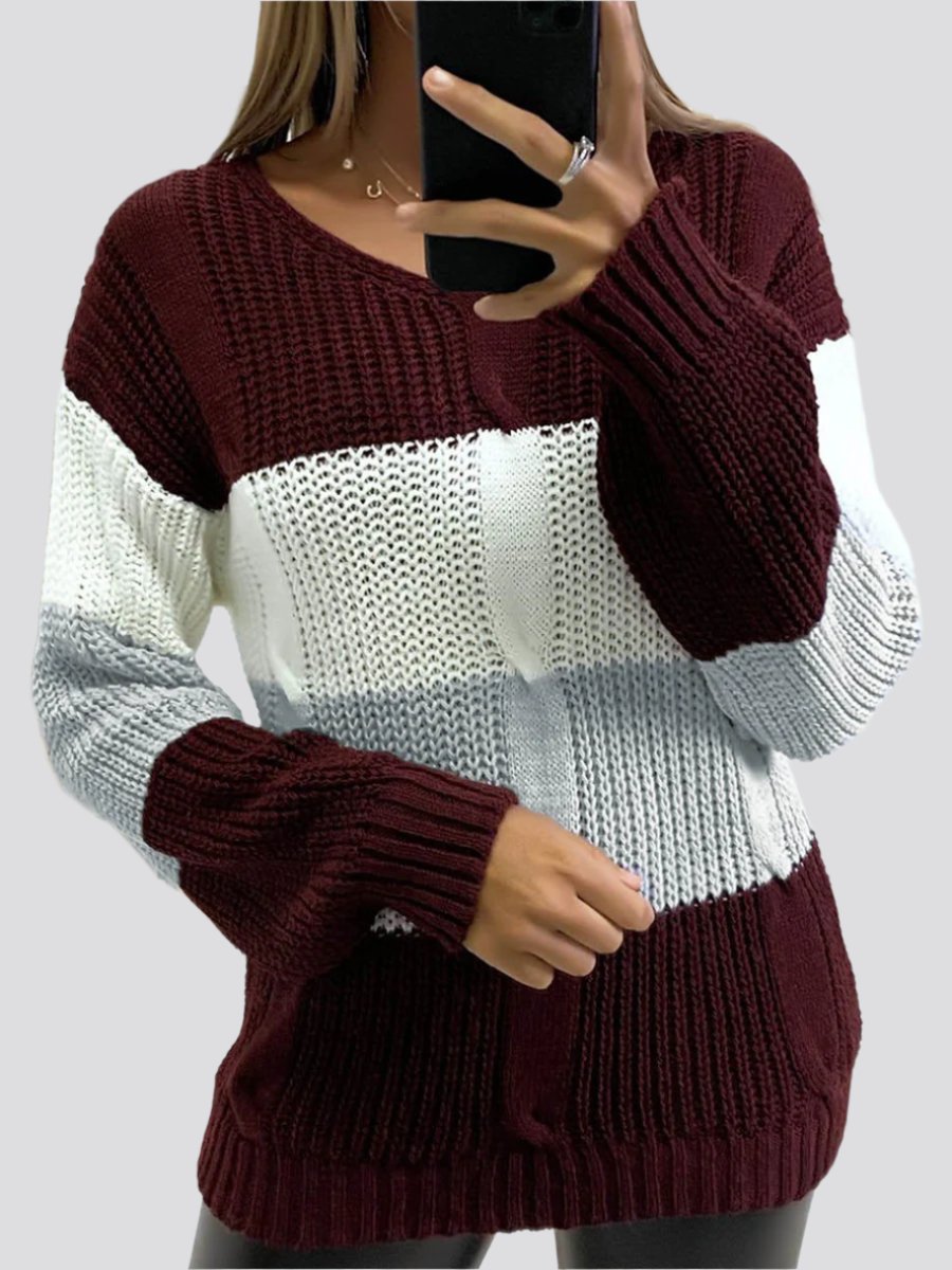 New Knitted V Neck Color Matching Long Sleeved Sweater Women