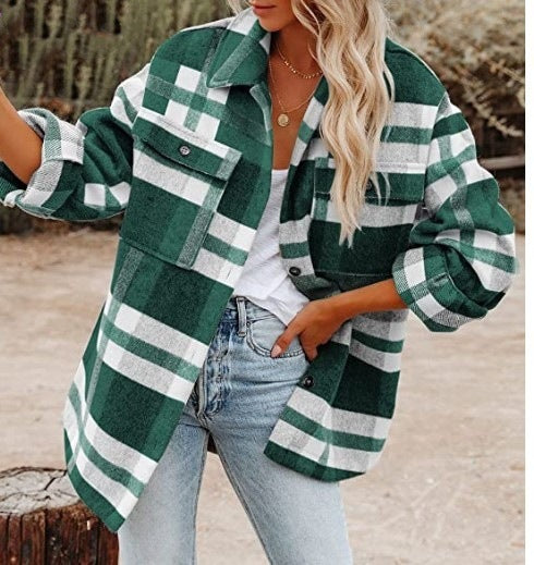 Women's Long-sleeved Loose Plaid Shirt Woolen Jacket