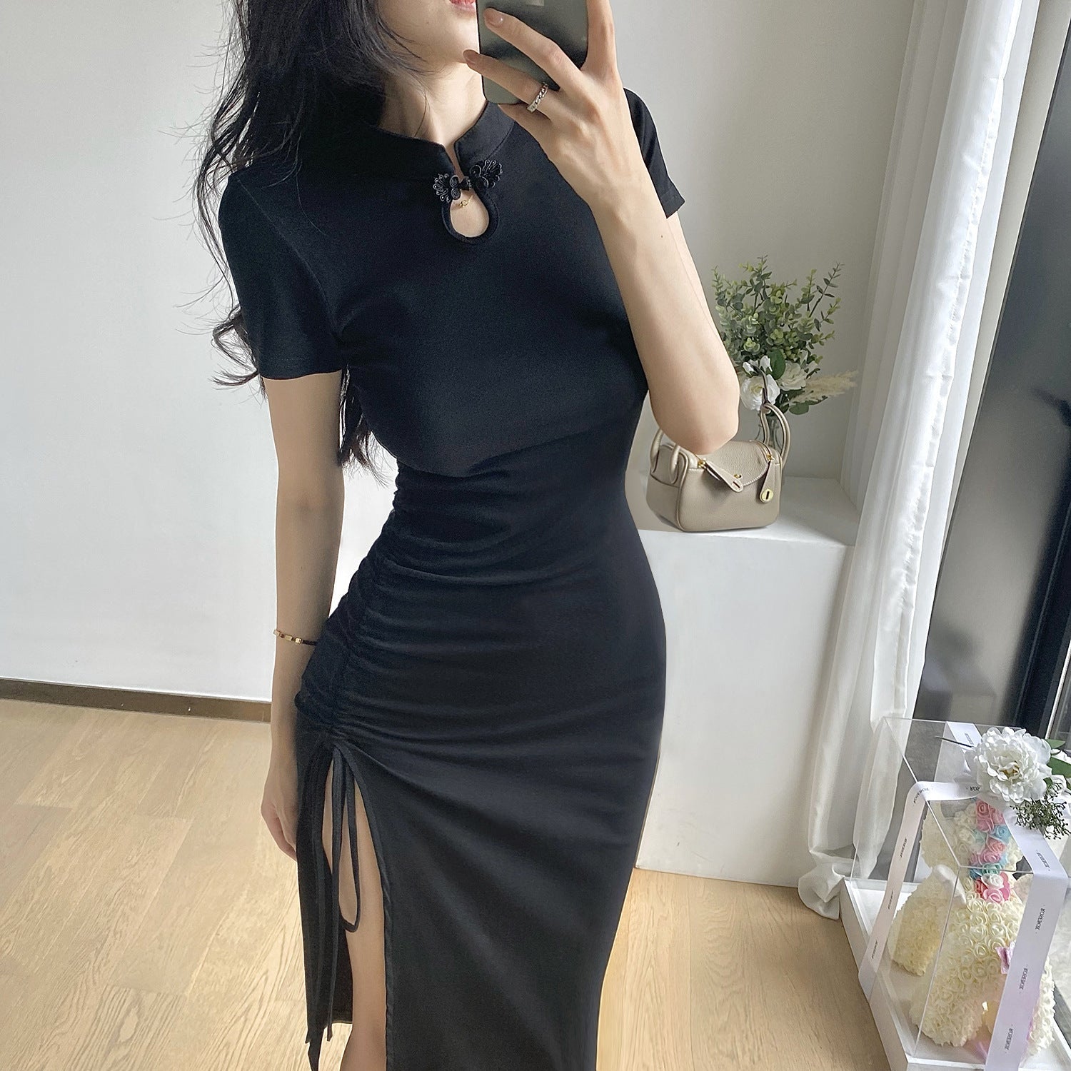 Black Ruched Bodycon Mid Length Dress