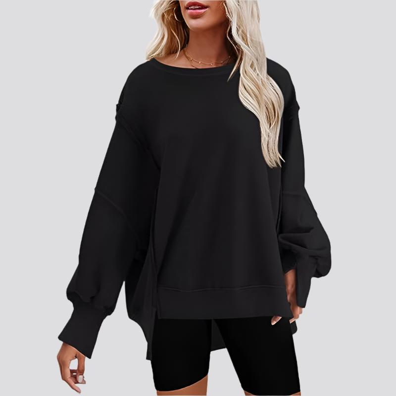 Pullover Sweatshirt Loose Round Neck Side Slit Long Sleeve Sports Sweatshirt For Women Tops