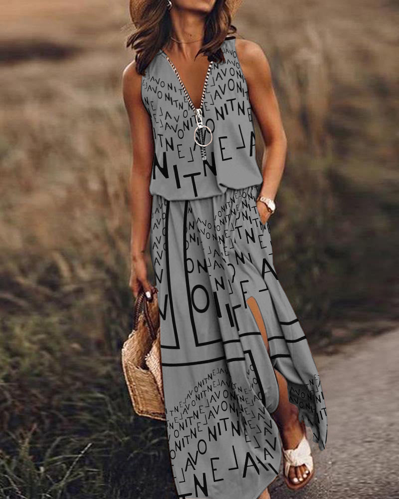 Spring And Summer New Sleeveless Long Casual Women's Waist Zipper Letter Print Dress