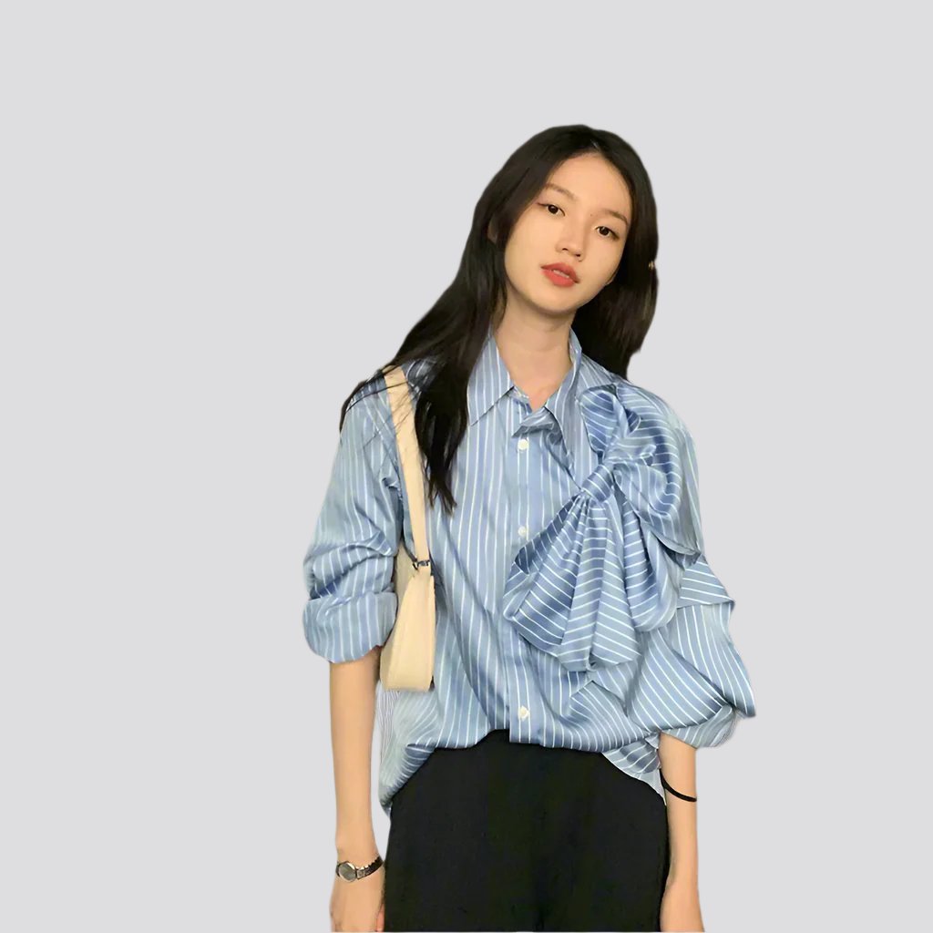 Casual Blue Striped Shirts For Women Lapel Long Sleeve Korean Bowknot Patchwork Blouses