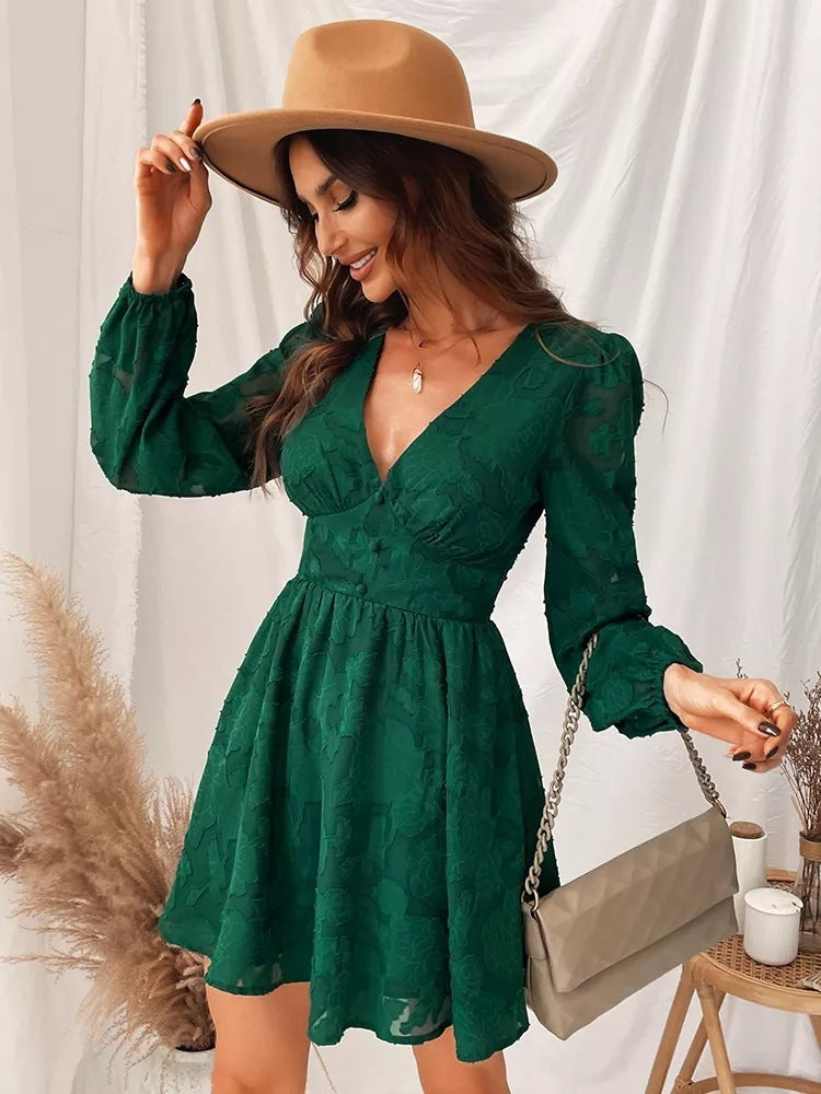 Women's Green Low Cut A Line Mini Dress