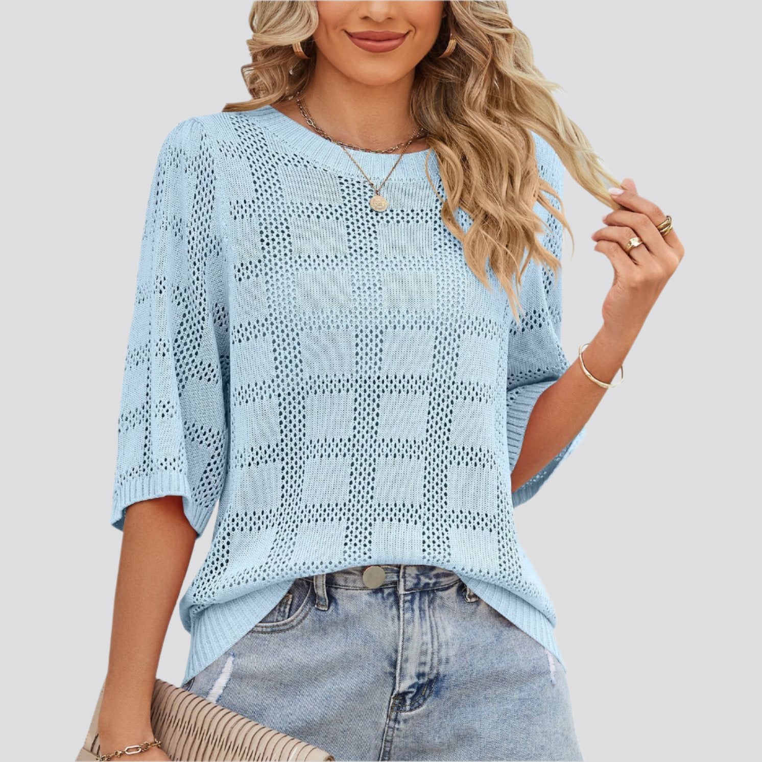 Women's Round Neck Hollowed Out Sun Protection Shirt Knitted Sweater Cover Up