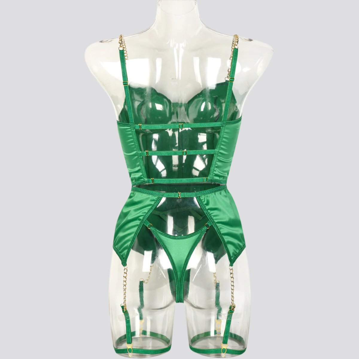 Green Satin High-end Lingerie Three-piece Set Women's Chain