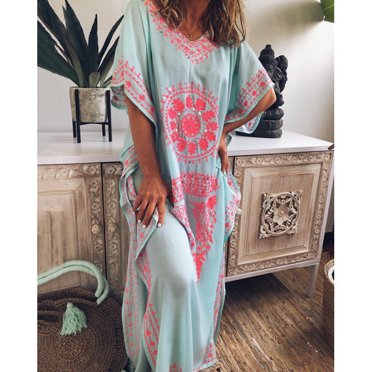 Loose V Neck Boho Print Dress Maxi Dress