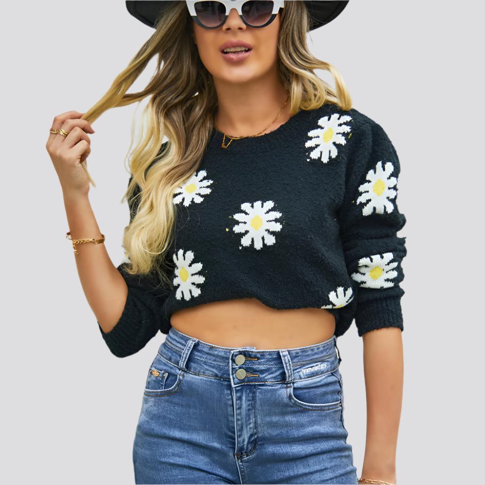 Fashion Floral Print Knit Sweater Round Neck Pullover Tops Women