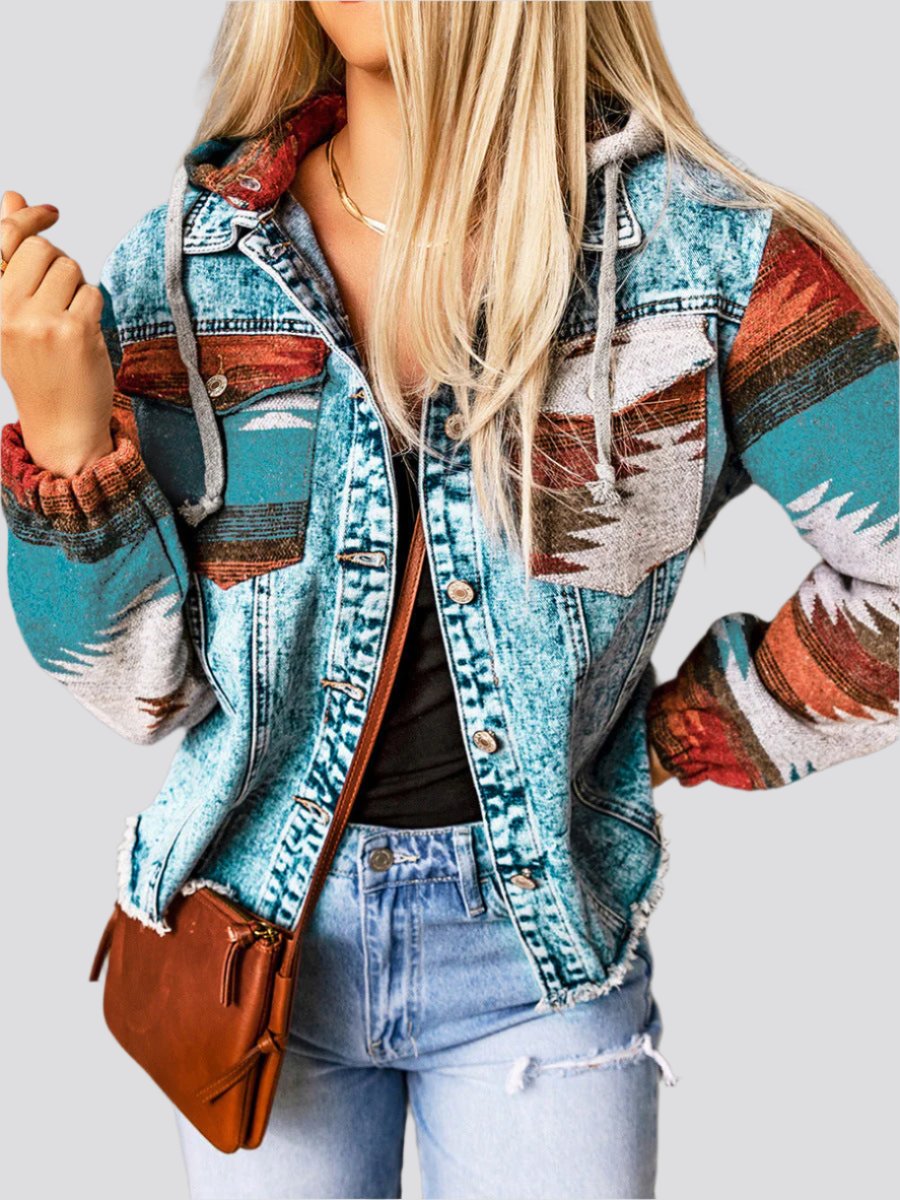 Western Style Denim Stitching Hooded Jacket Multi-color Printed Frayed Hem Jacket