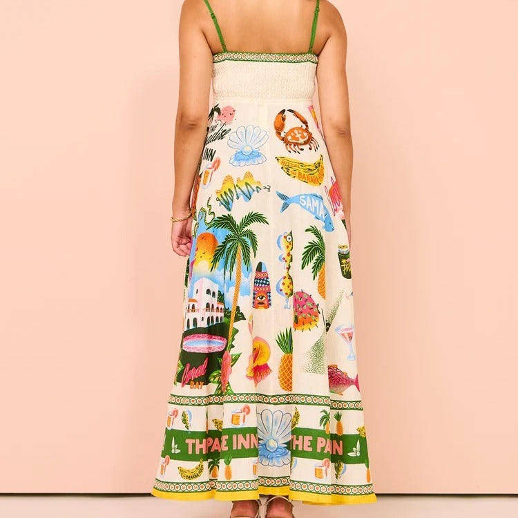 Sexy Sling Graffiti Cotton And Linen Printing Large Swing Dress